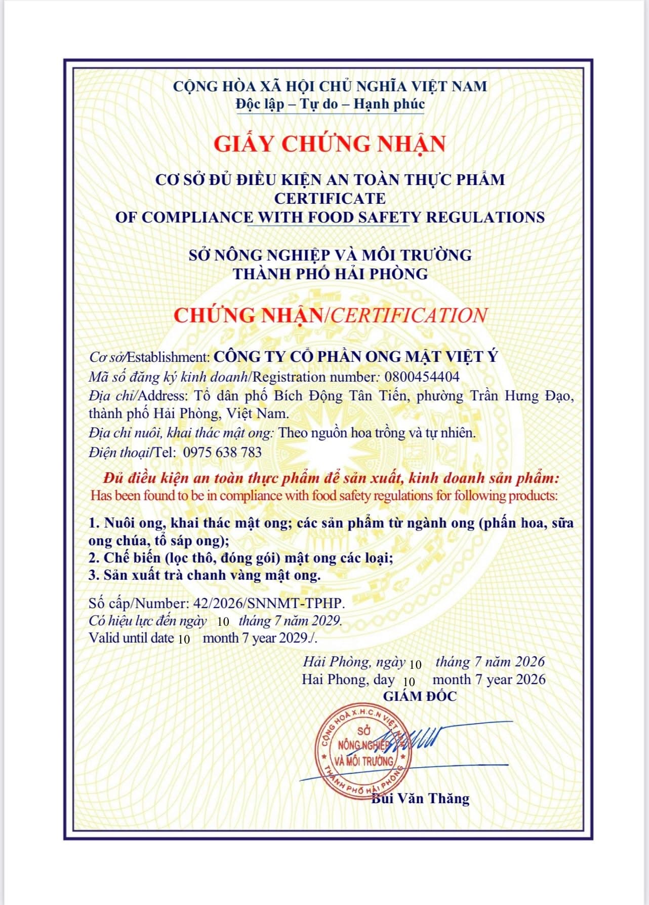 Giấy chứng nhận an toàn thực phẩm